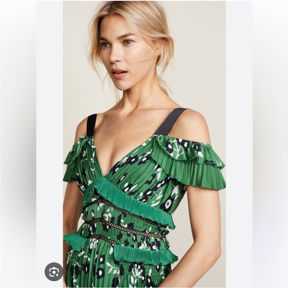 Self Portrait Cold Shoulder Green Print Midi Dress - Picture 3 of 7